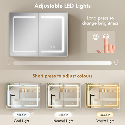 Modern silver-framed bathroom mirror cabinet with led lights, adjustable brightness, 3 color settings, and tempered glass