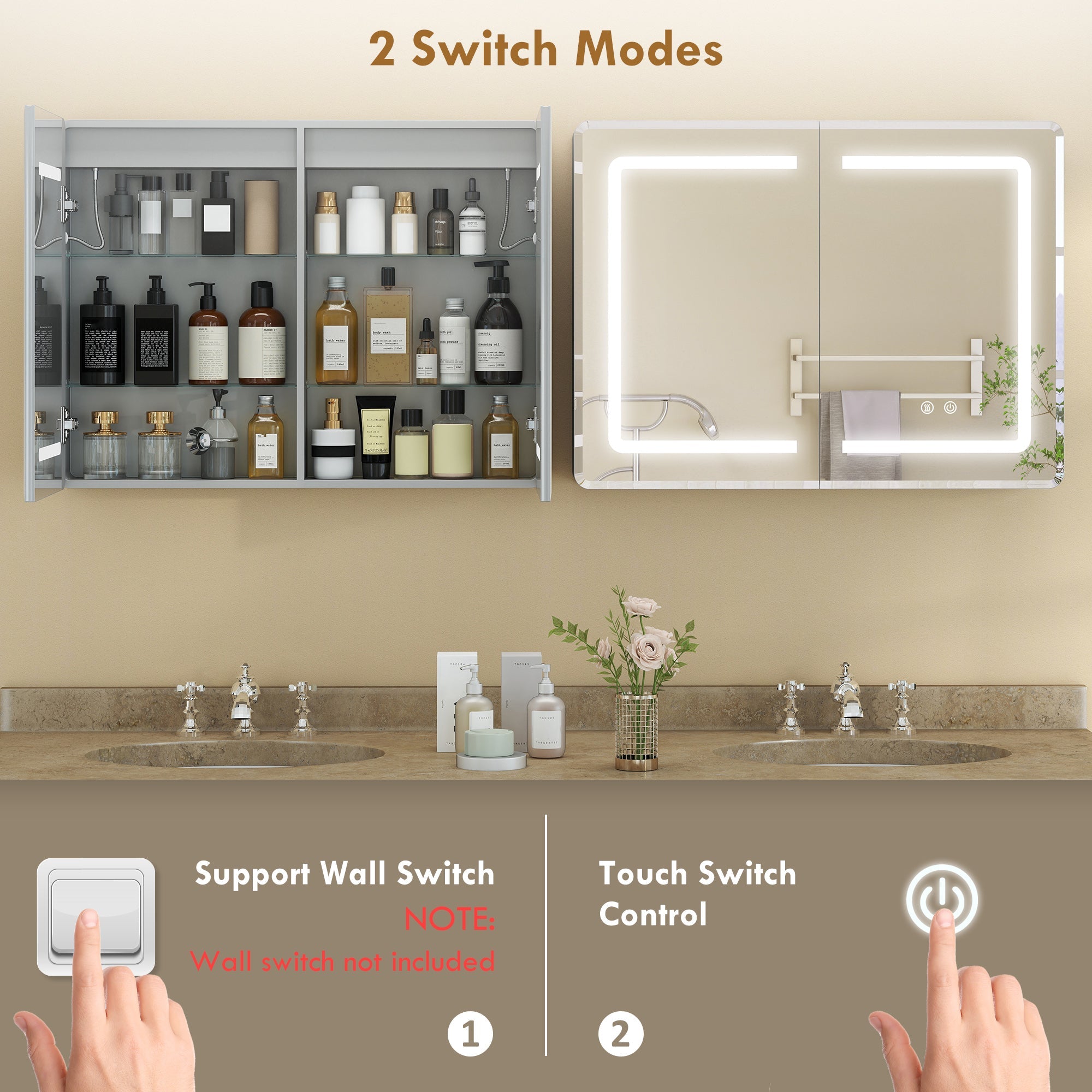 Modern homcom bathroom mirror cabinet with led lights silver frame and organized toiletries in open compartment