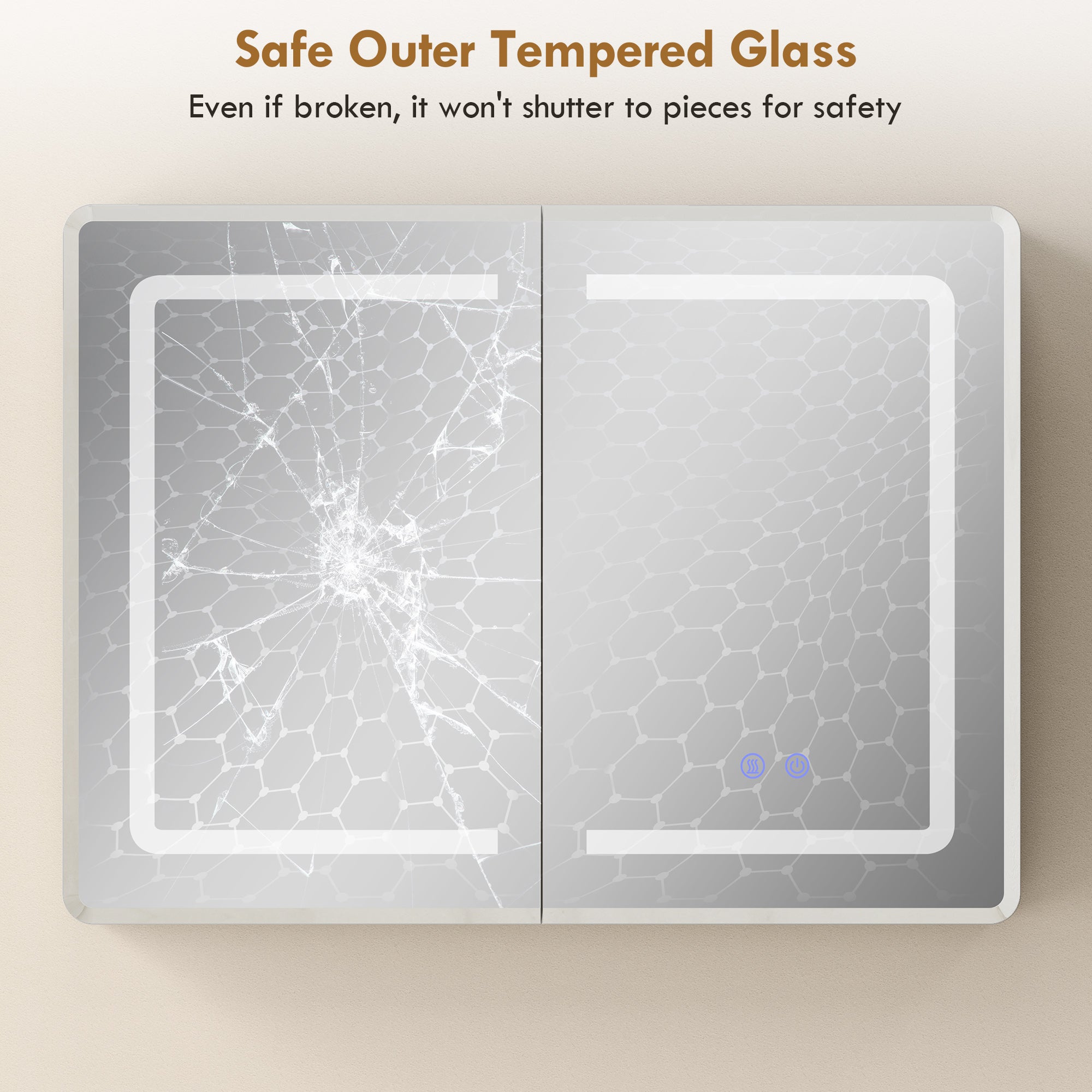 Modern rectangular bathroom mirror cabinet with silver tempered glass frame and integrated led lighting for bathroom use