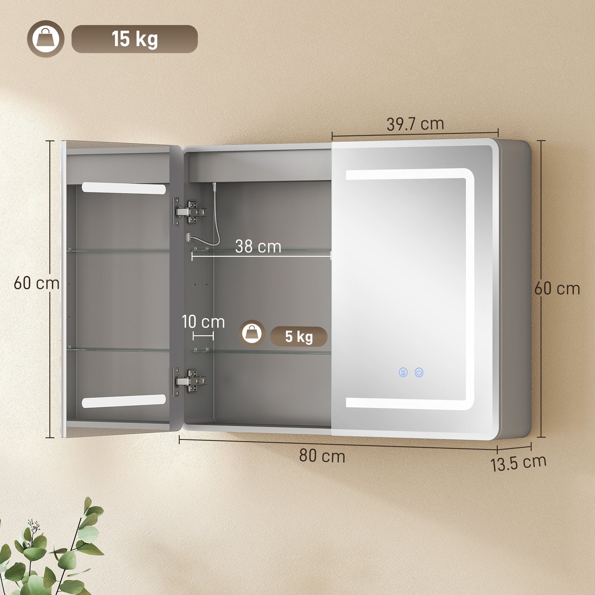 Modern gray wall-mounted bathroom mirror cabinet with led lights, tempered glass, anti-fog, and 3 color dimmable lighting
