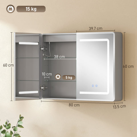 Modern gray wall-mounted bathroom mirror cabinet with led lights, tempered glass, anti-fog, and 3 color dimmable lighting