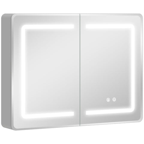 White led-lit double-door bathroom mirror cabinet with tempered glass and anti-fog feature for modern bathrooms