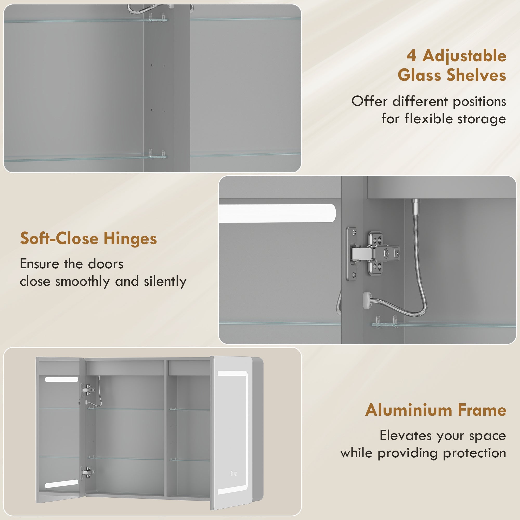 Modern gray aluminum-framed bathroom mirror cabinet with led lighting and adjustable glass shelves by HOMCOM