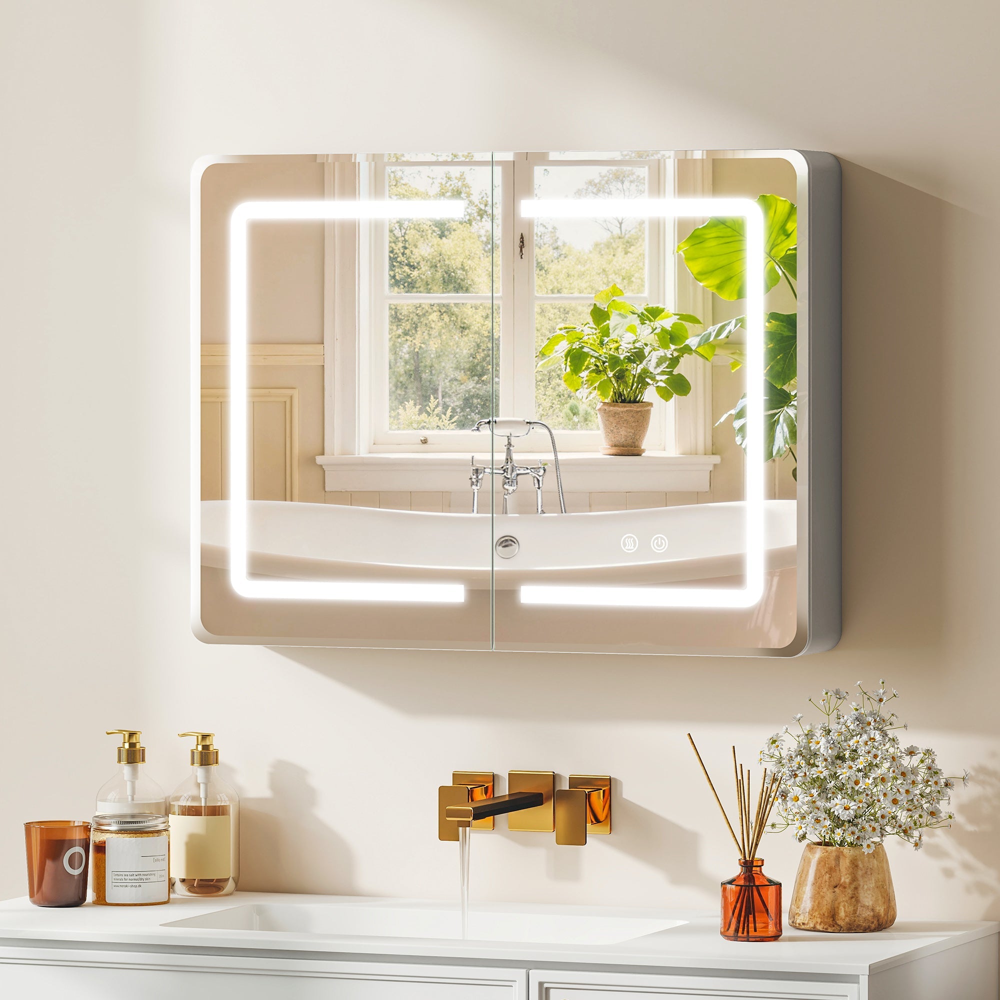 Modern rectangular bathroom mirror cabinet with integrated led lighting tempered glass and anti-fog feature