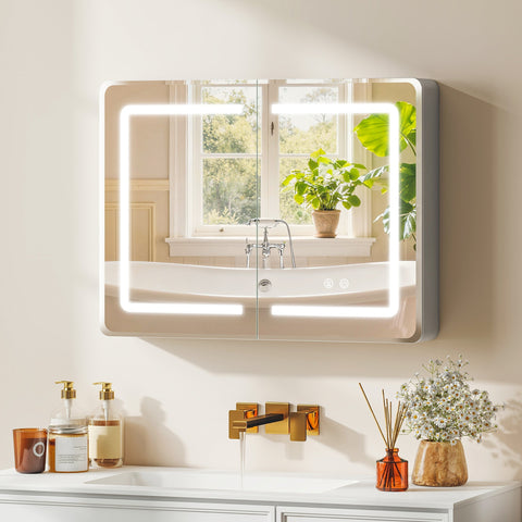 Modern rectangular bathroom mirror cabinet with integrated led lighting tempered glass and anti-fog feature