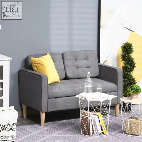 Gray tufted cotton 2 seater sofa with eucalyptus wood legs and hidden storage featuring a yellow throw pillow