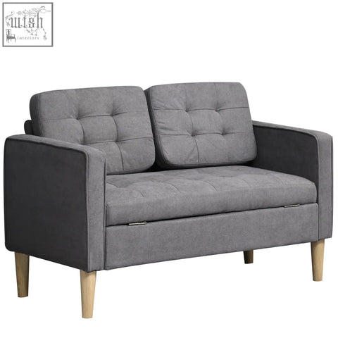 Gray tufted cotton 2 seater sofa with eucalyptus wood legs ensure sturdy support for compact living room use