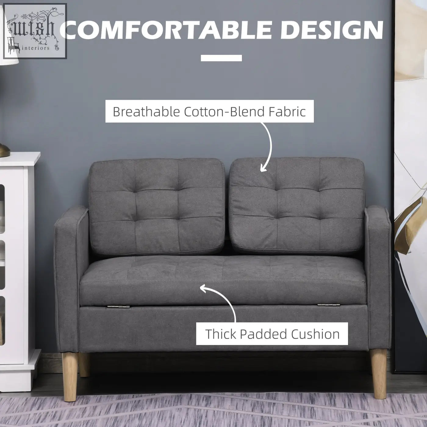 Gray tufted two seater sofa with breathable cotton blend fabric thick padded cushion and eucalyptus wood legs ensure durability