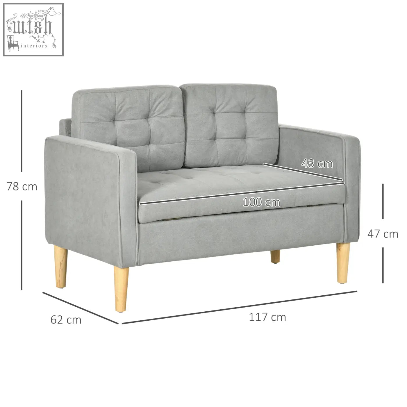 Gray tufted cotton couch with light grey velvet and wood legs ensures modern style and hidden storage loveseat