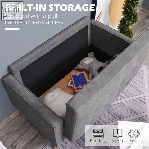 Gray tufted 2 seater sofa with hidden storage black interior and eucalyptus wood legs ensure sturdy support