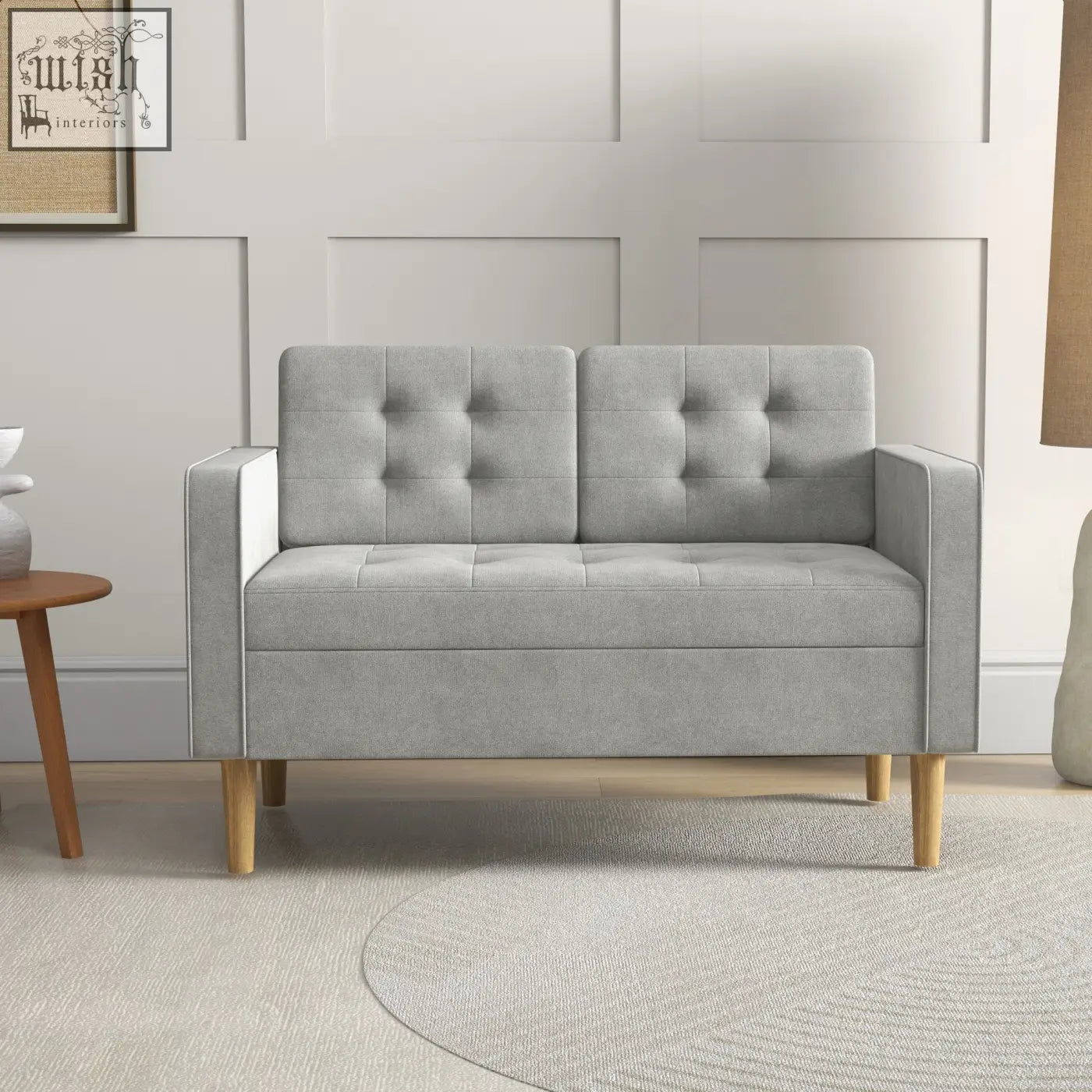 Gray tufted cotton couch loveseat with hidden storage and light wood legs ensure modern living room style