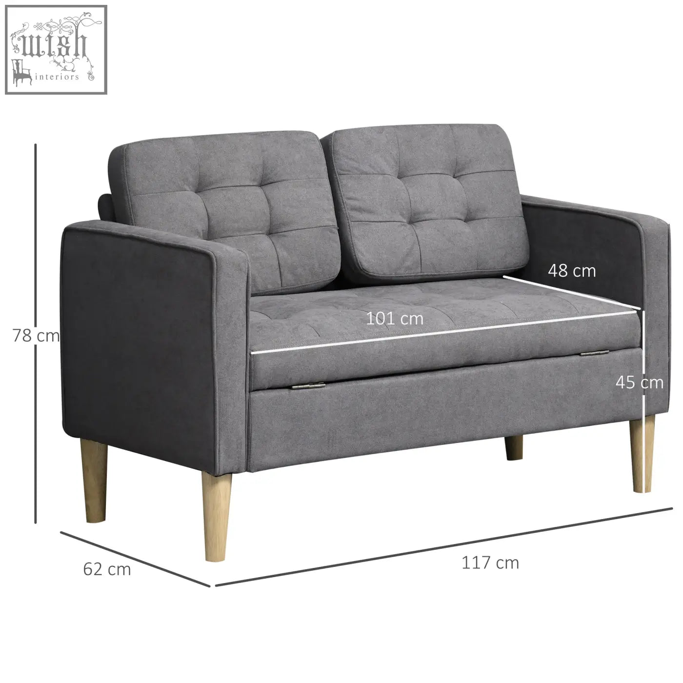 Gray tufted 2 seater sofa with hidden storage and eucalyptus wood legs ensure sturdy support for small living rooms