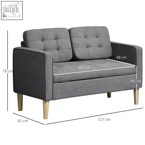 Gray tufted 2 seater sofa with hidden storage and eucalyptus wood legs ensure sturdy support for small living rooms