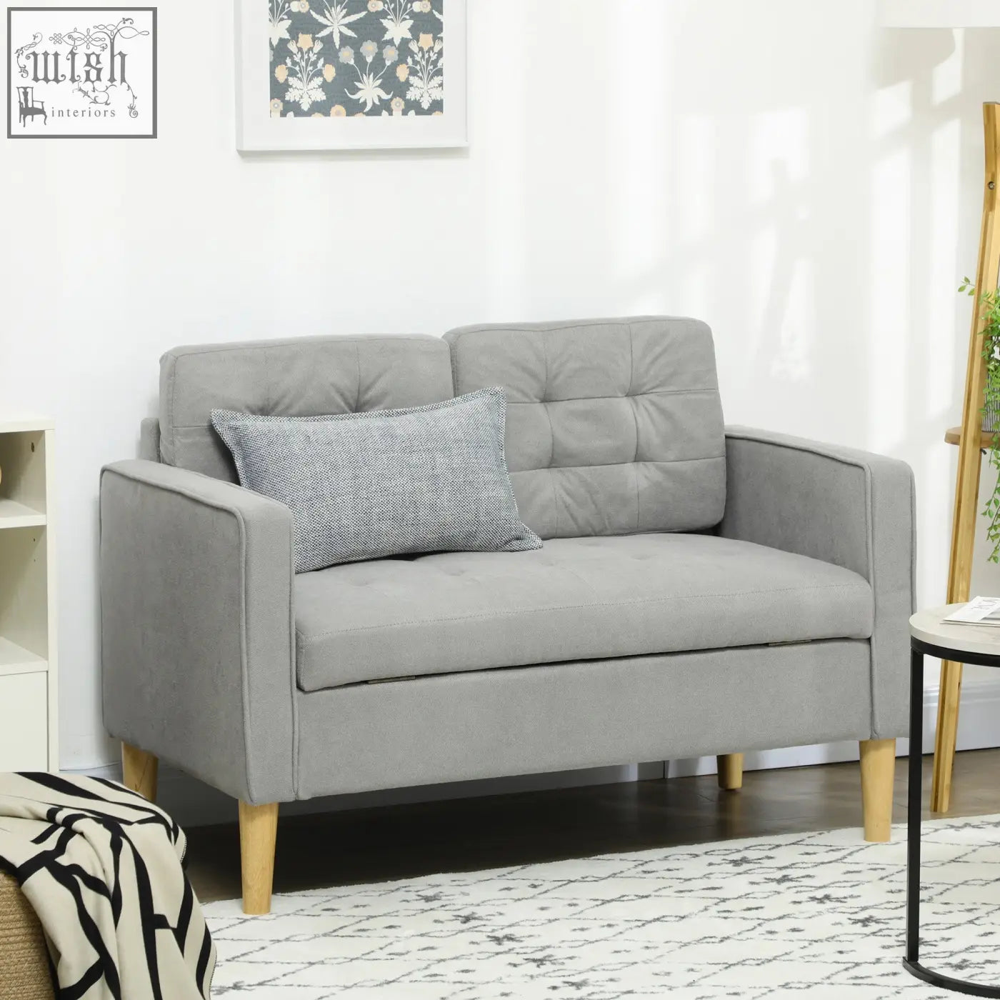 Gray tufted cotton couch loveseat with light wood legs and matching gray pillow for living room storage