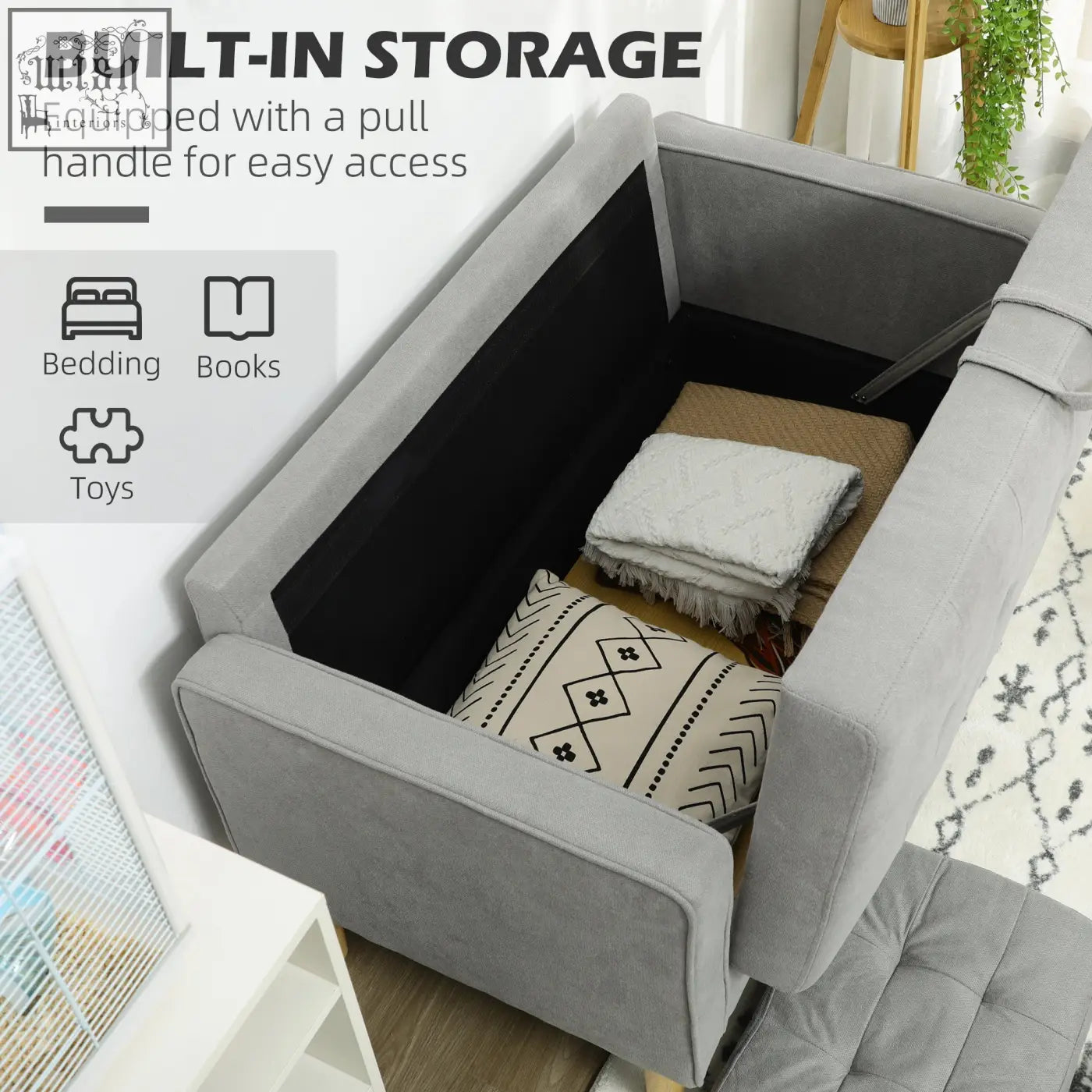 Gray upholstered storage ottoman with black interior and pull handle complements light grey tufted cotton couch with wood legs ensure stability