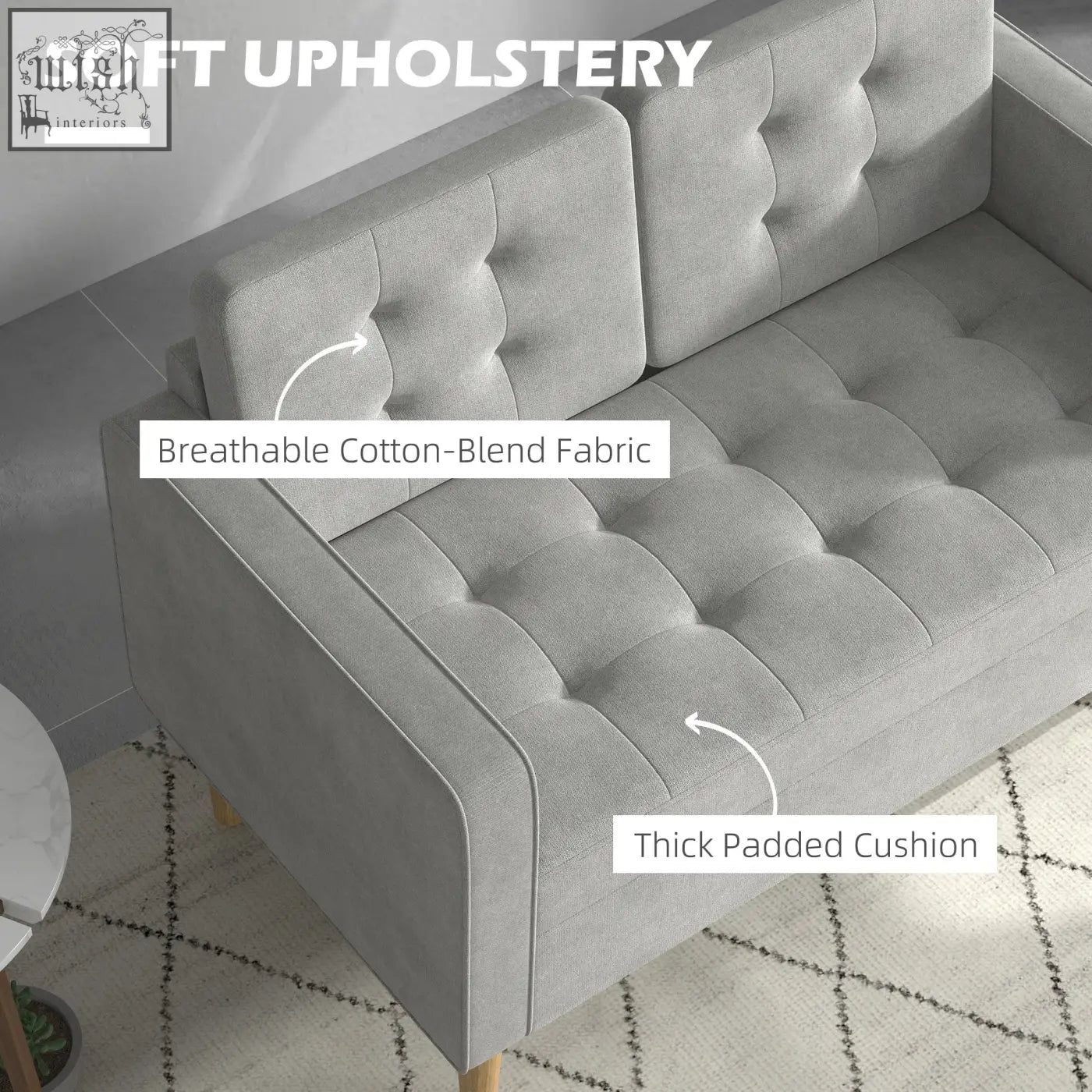 Light grey tufted cotton couch with breathable upholstery and thick cushions on wood legs ensure comfort and style