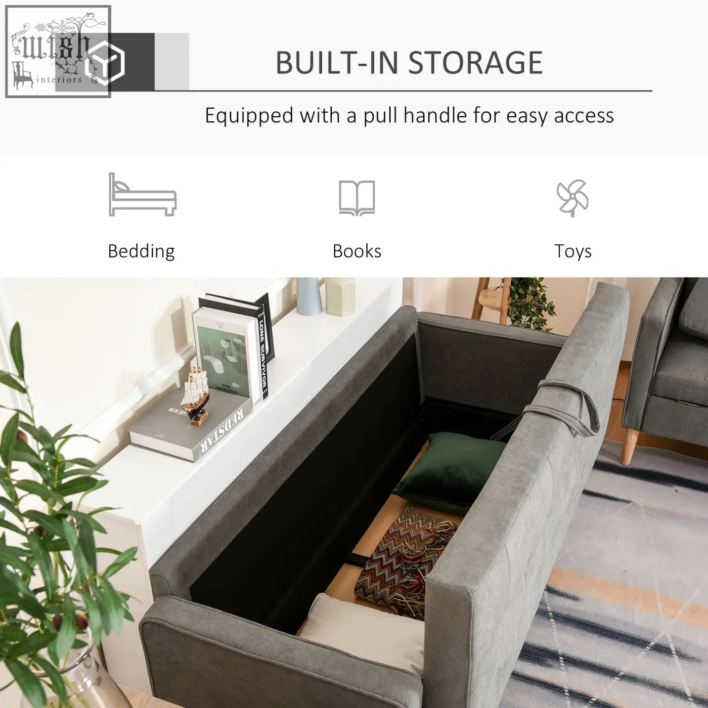 Gray upholstered 3 seater sofa with hidden storage compartment and tufted cotton cushions for living room use