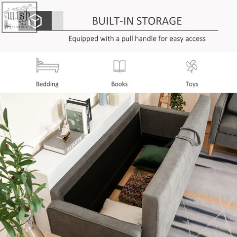 Gray upholstered 3 seater sofa with hidden storage compartment and tufted cotton cushions for living room use