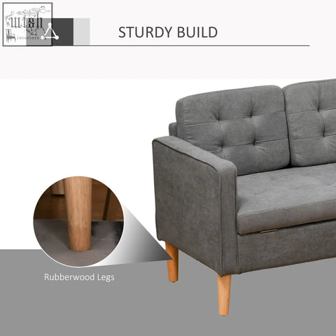 Gray tufted cotton 3 seater sofa with hidden storage and light wood rubberwood legs for modern living room