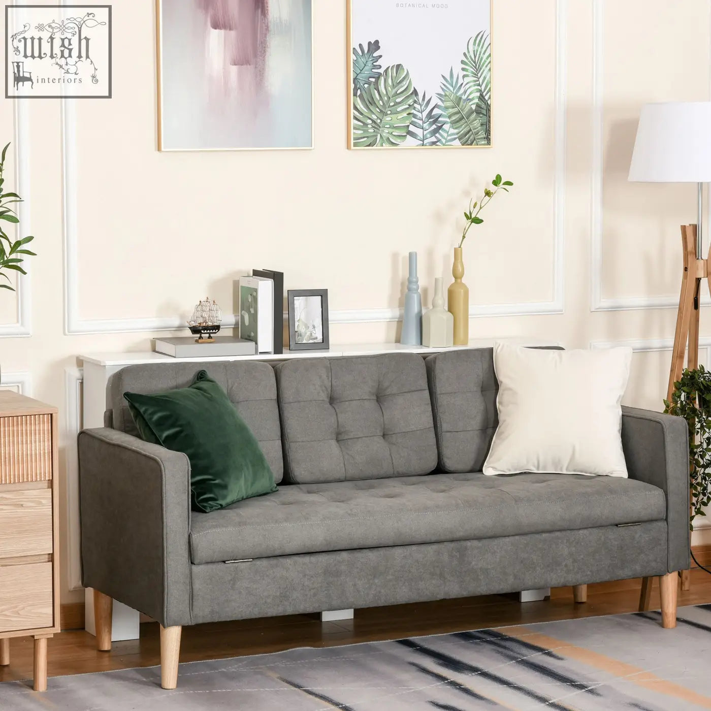 Gray tufted cotton 3 seater sofa with hidden storage wood legs and green velvet throw pillow for living room