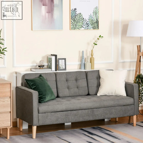 Gray tufted cotton 3 seater sofa with hidden storage wood legs and green velvet throw pillow for living room