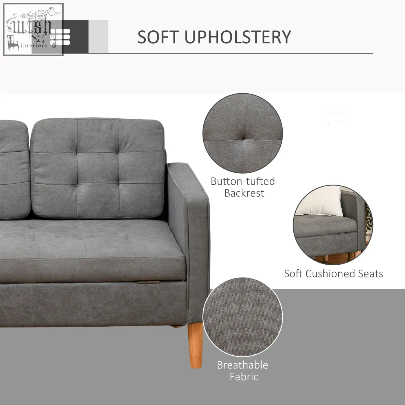 Grey modern 3 seater sofa with hidden storage tufted cotton fabric and wood legs for living room use