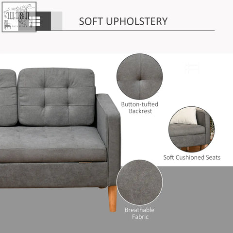 Grey modern 3 seater sofa with hidden storage tufted cotton fabric and wood legs for living room use
