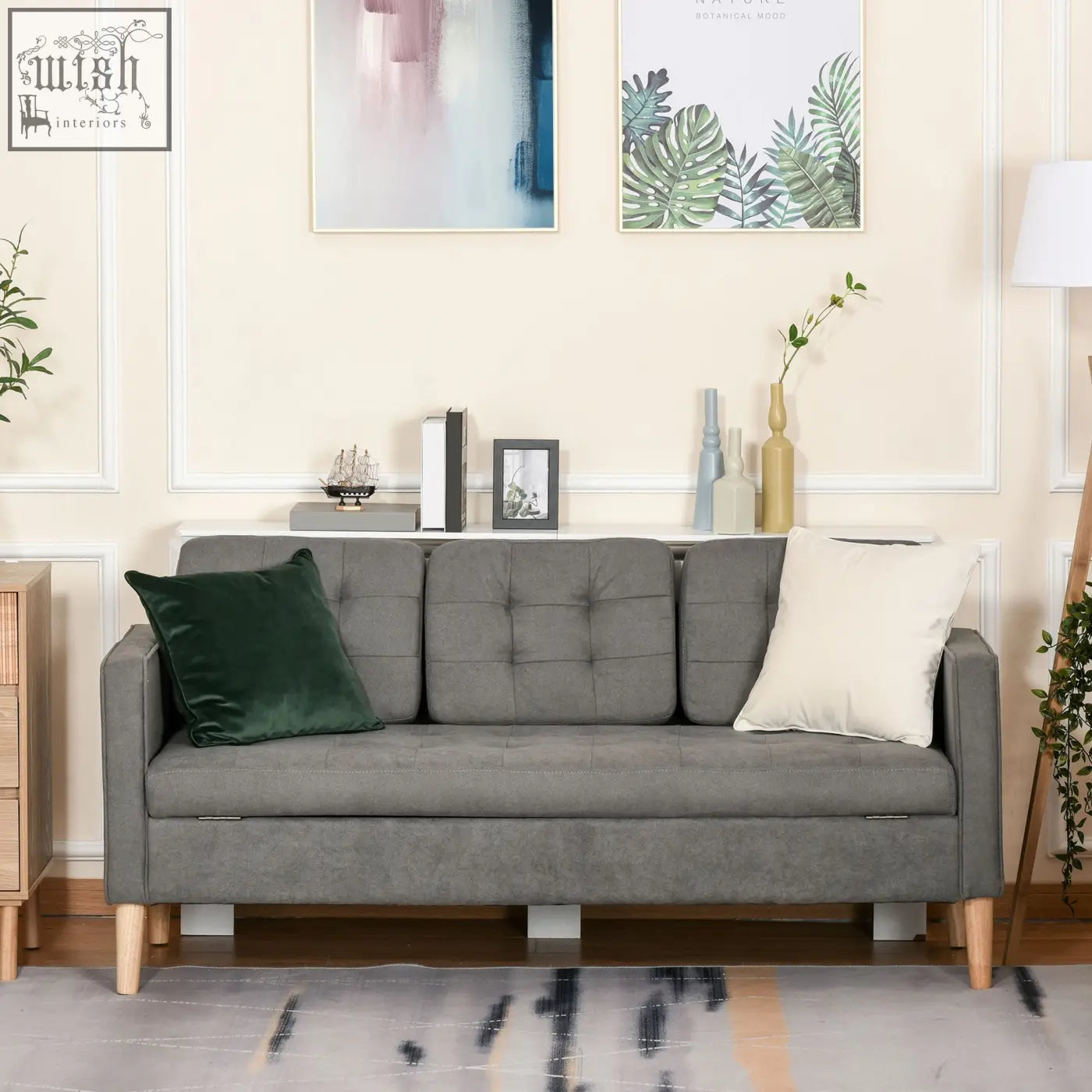 Gray tufted cotton seater sofa with hidden storage and wooden legs perfect for compact living rooms