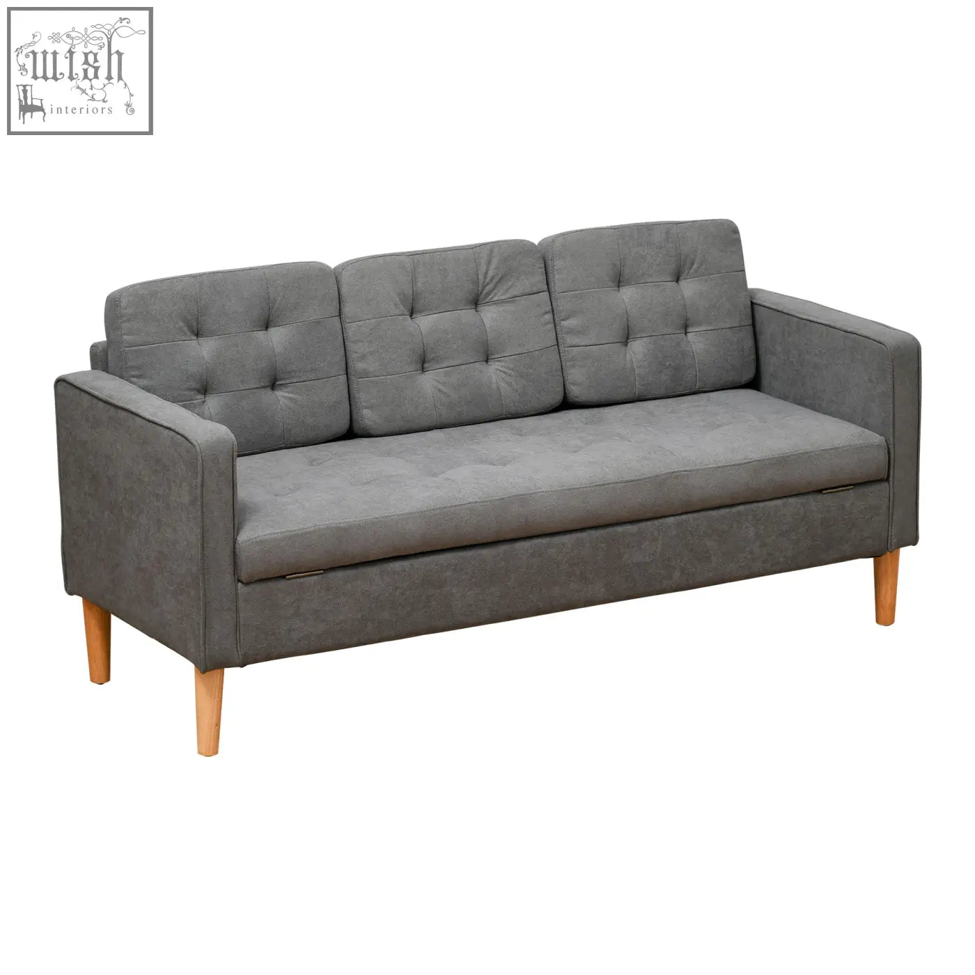 Gray tufted cotton seater sofa with hidden storage and wooden legs perfect for compact living rooms
