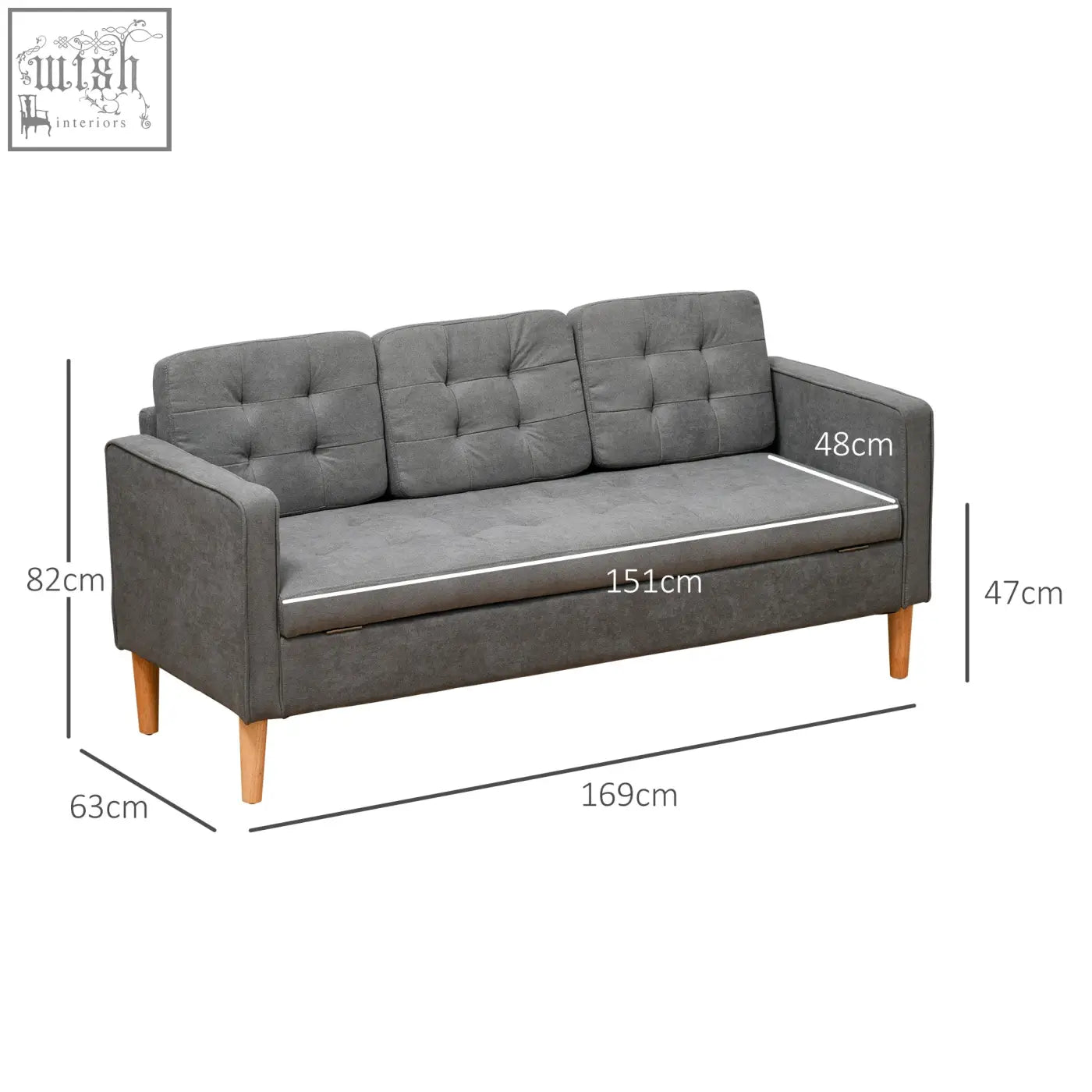 Gray tufted cotton 3 seater sofa with wooden legs and hidden storage perfect for compact living rooms