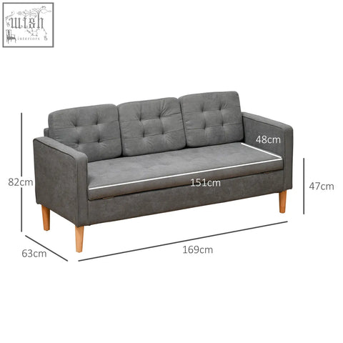Gray tufted cotton 3 seater sofa with wooden legs and hidden storage perfect for compact living rooms