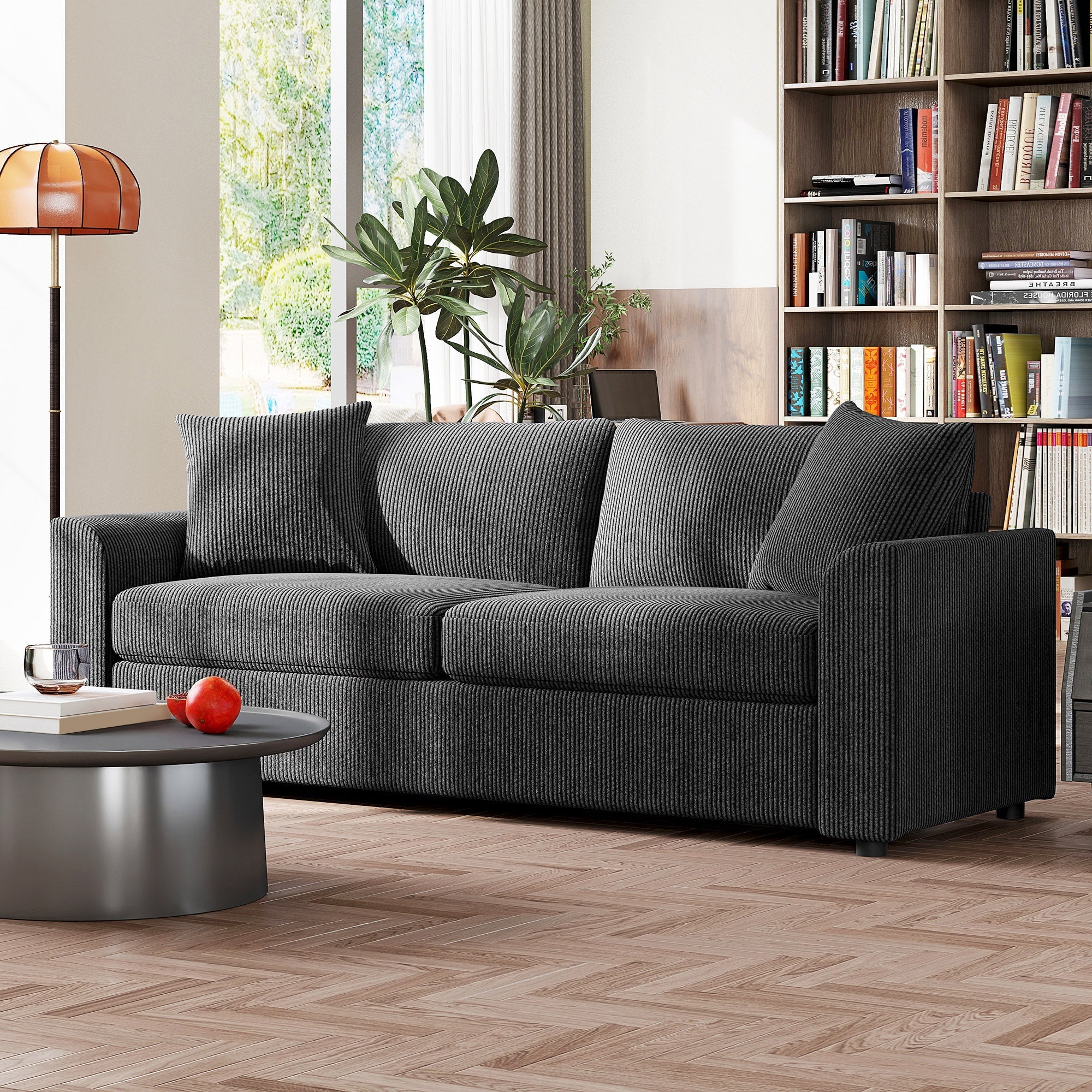 Dark gray corduroy 3 seater sofa with spring pack and scatter cushions perfect for living room or office use