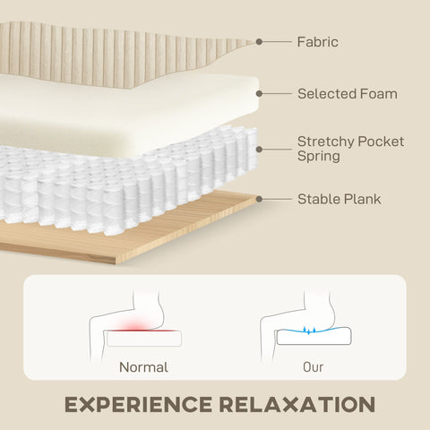 Cream white homcom 3 seater sofa with fabric jumbo cord upholstery spring pack and scatter cushions for living room