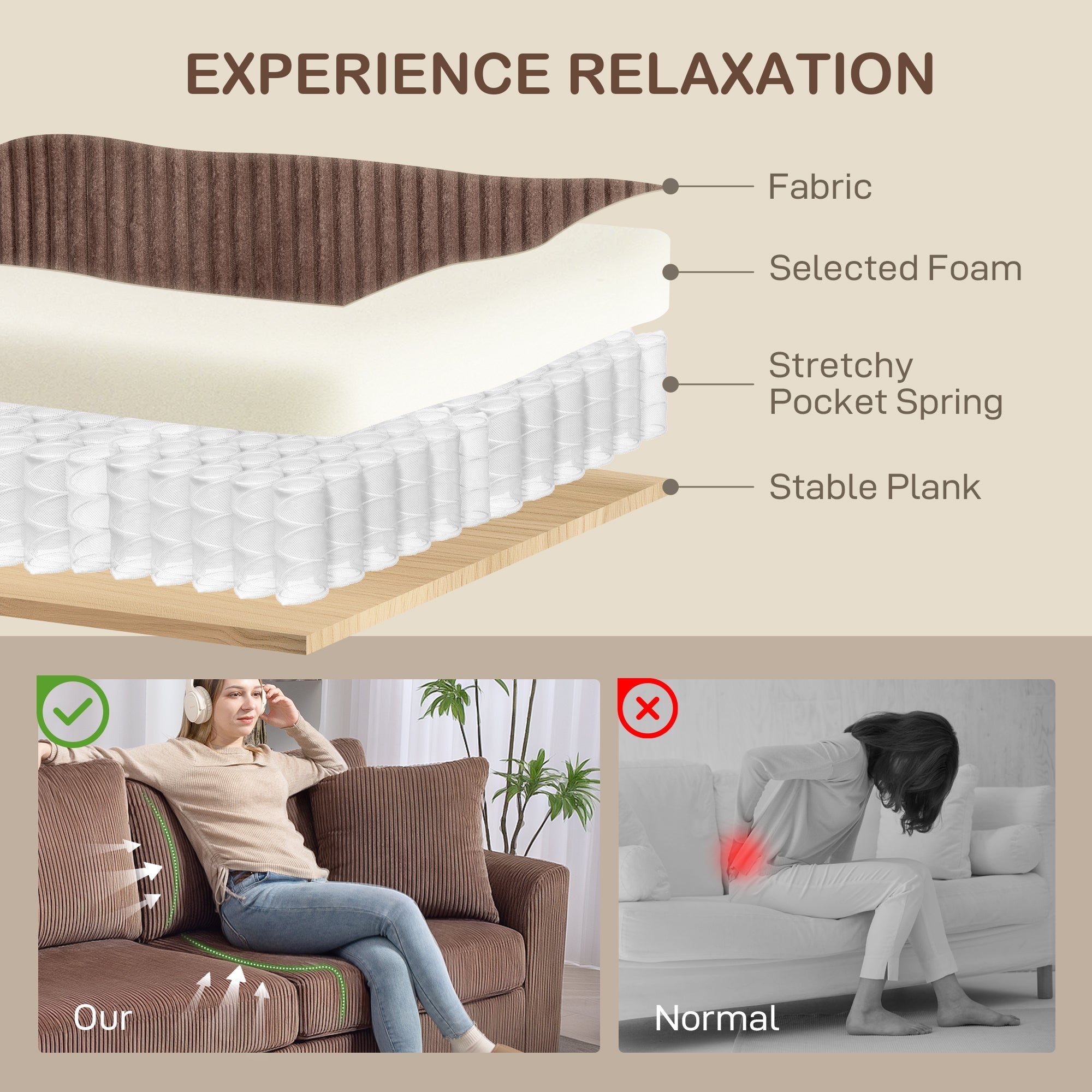 Brown corduroy 3 seater sofa with spring pack foam layers and scatter cushions for living room comfort