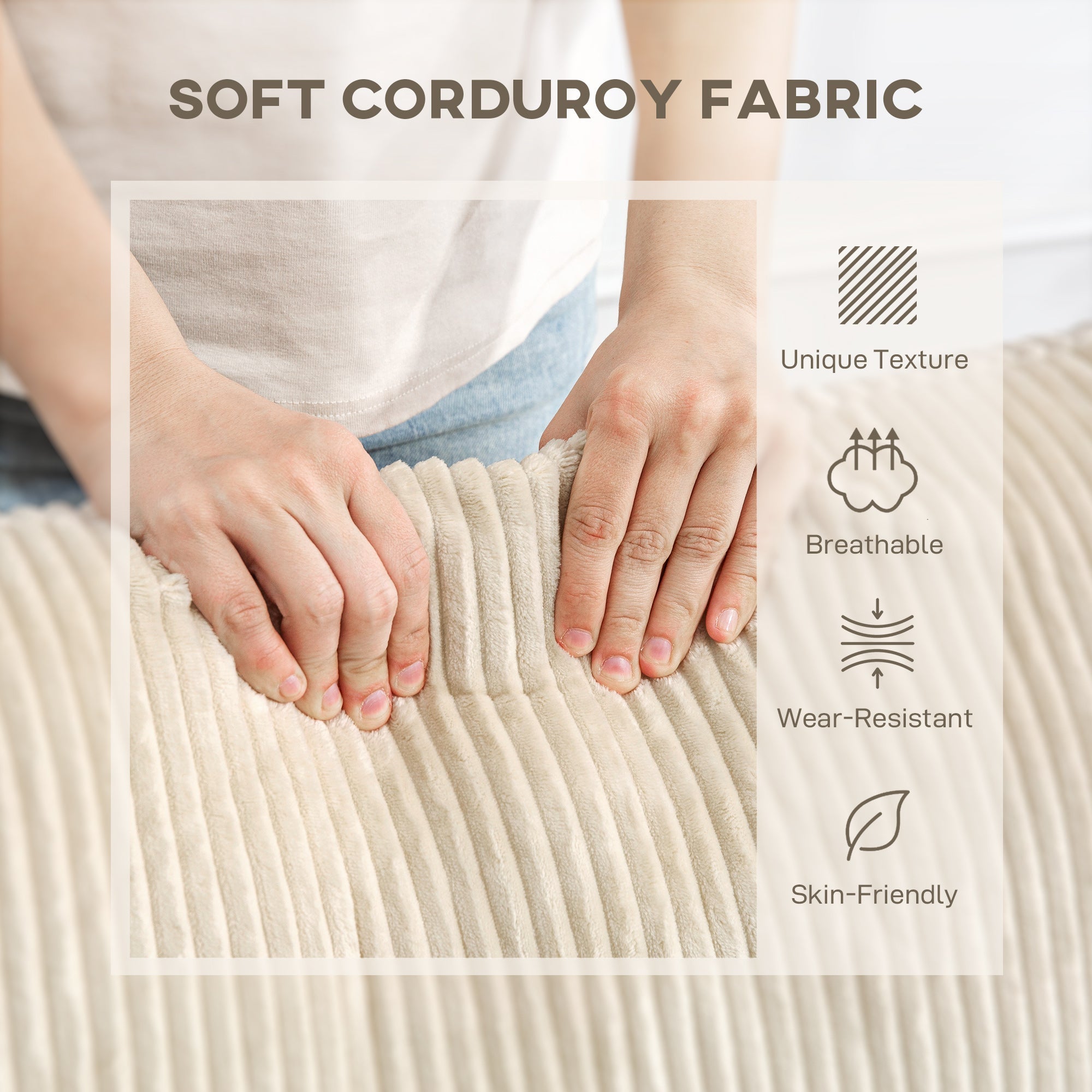 Beige soft corduroy fabric with ribbed texture on homcom modern 3 seater sofa with scatter cushions and spring pack