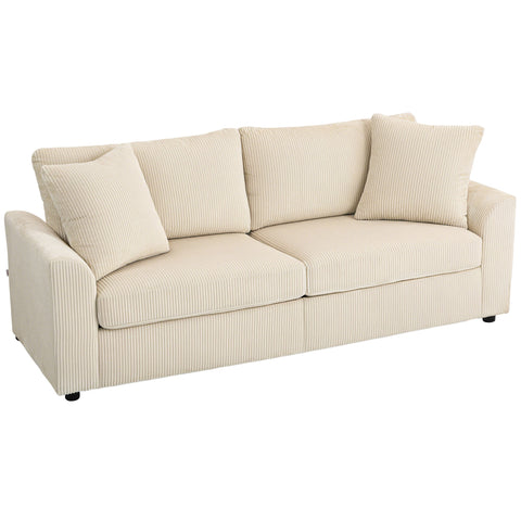 Beige corduroy two seater sofa with spring pack and matching scatter cushions on dark wooden legs for living room