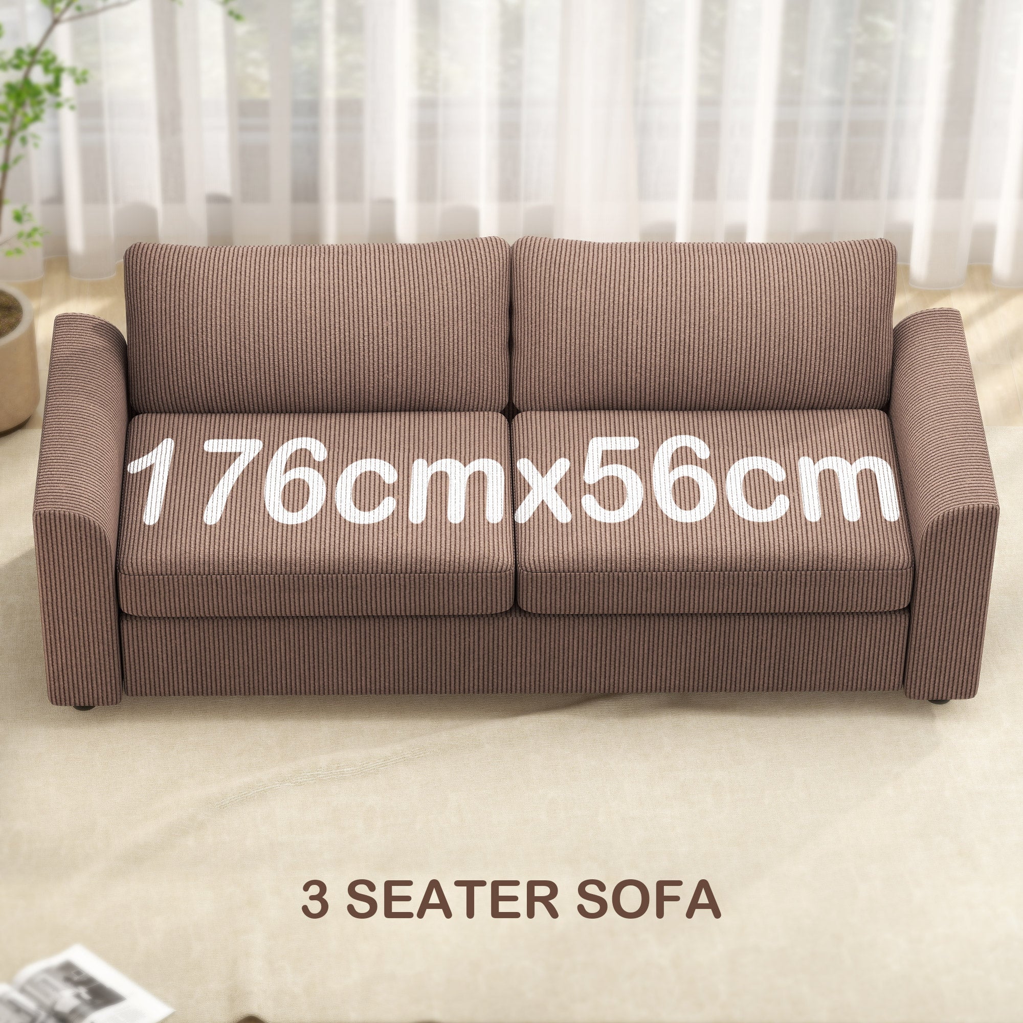 Brown ribbed fabric three seater sofa with spring pack and scatter cushions perfect for living room or office