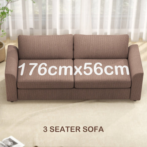 Brown ribbed fabric three seater sofa with spring pack and scatter cushions perfect for living room or office