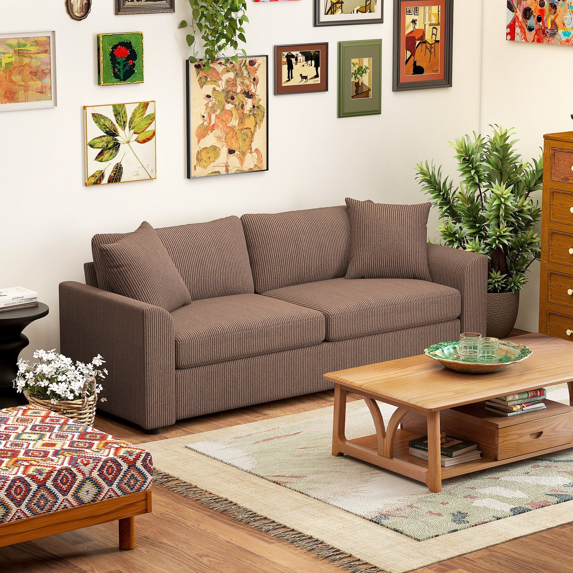 Brown corduroy homcom modern 3 seater sofa with spring pack and scatter cushions for living room or office use