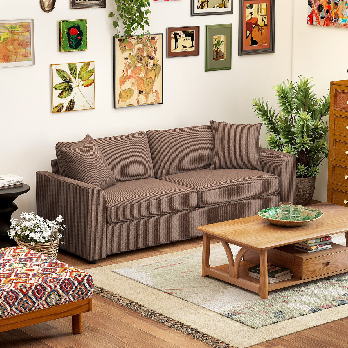 Brown corduroy homcom modern 3 seater sofa with spring pack and scatter cushions for living room or office use