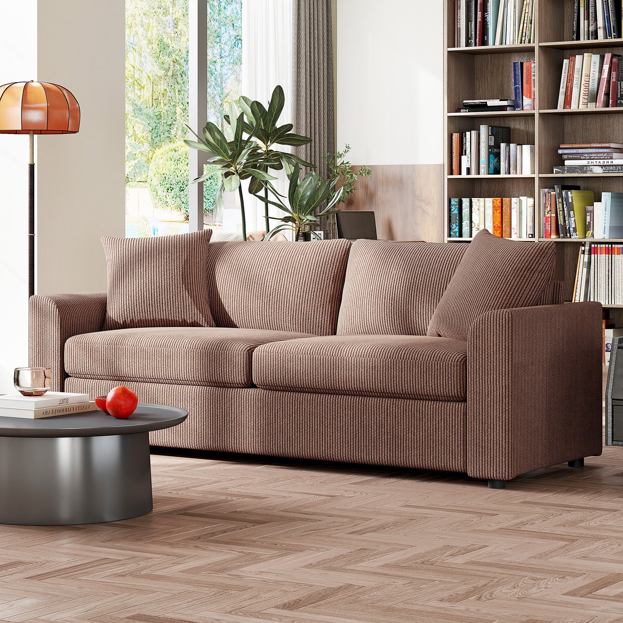 Brown corduroy two-seater sofa with plush scatter cushions and spring pack perfect for living room or home office seating