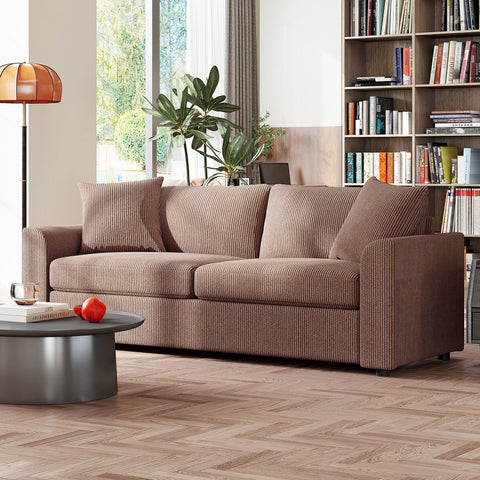 Brown corduroy two-seater sofa with plush scatter cushions and spring pack perfect for living room or home office seating