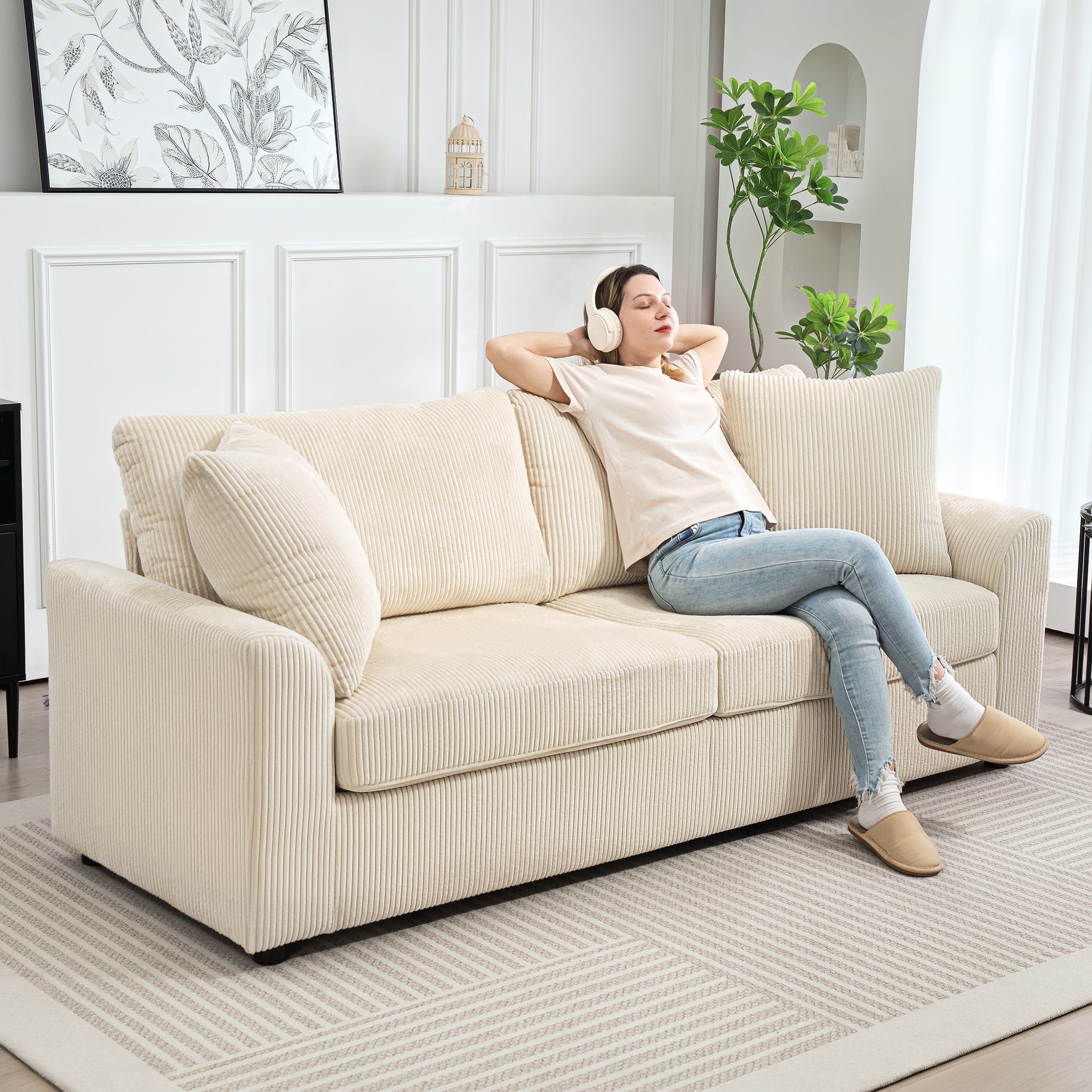 Beige corduroy 3 seater sofa with spring pack and scatter cushions perfect for living room and home office seating