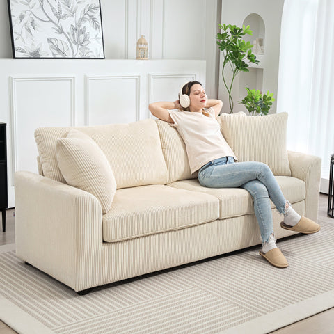 Beige corduroy 3 seater sofa with spring pack and scatter cushions perfect for living room and home office seating