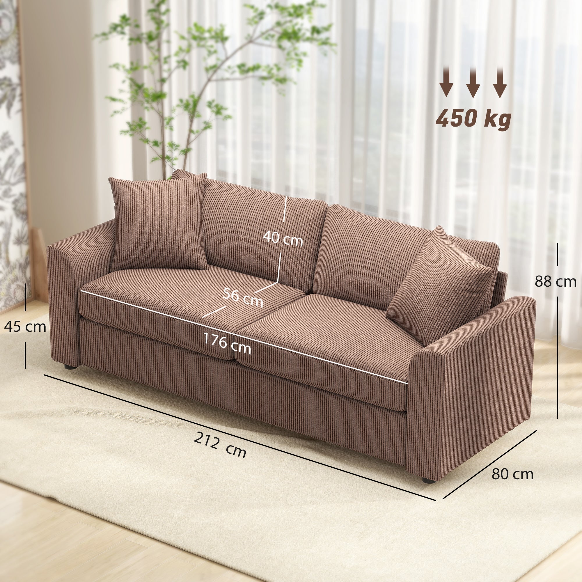 Brown striped corduroy modern 3 seater sofa with spring pack and two scatter cushions for living room use