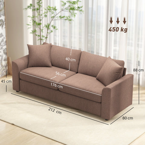 Brown striped corduroy modern 3 seater sofa with spring pack and two scatter cushions for living room use