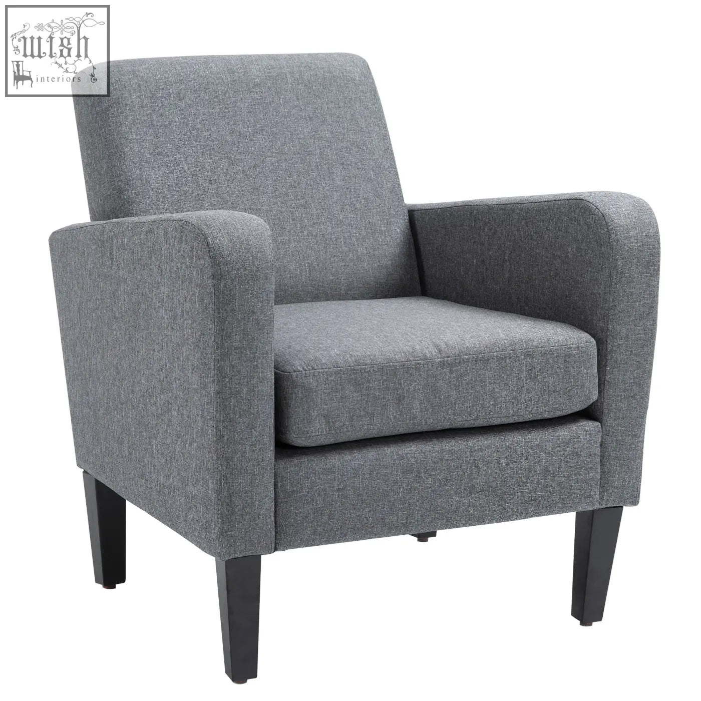 Gray textured fabric occasional chair with rubber wood legs for a comfy sitting experience in living room or bedroom