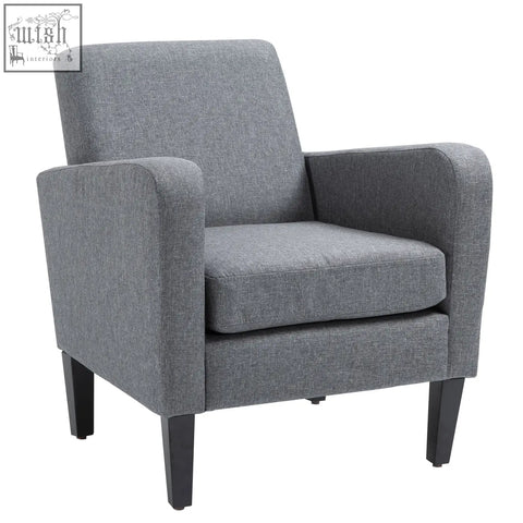 Gray textured fabric occasional chair with rubber wood legs for a comfy sitting experience in living room or bedroom