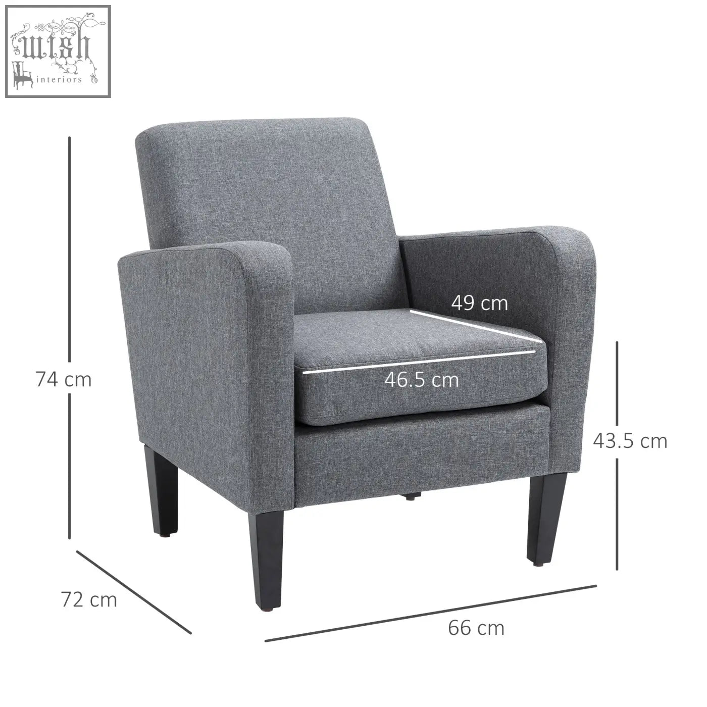 Gray textured fabric occasional chair with rubber wood legs for a comfy sitting experience in living room or bedroom