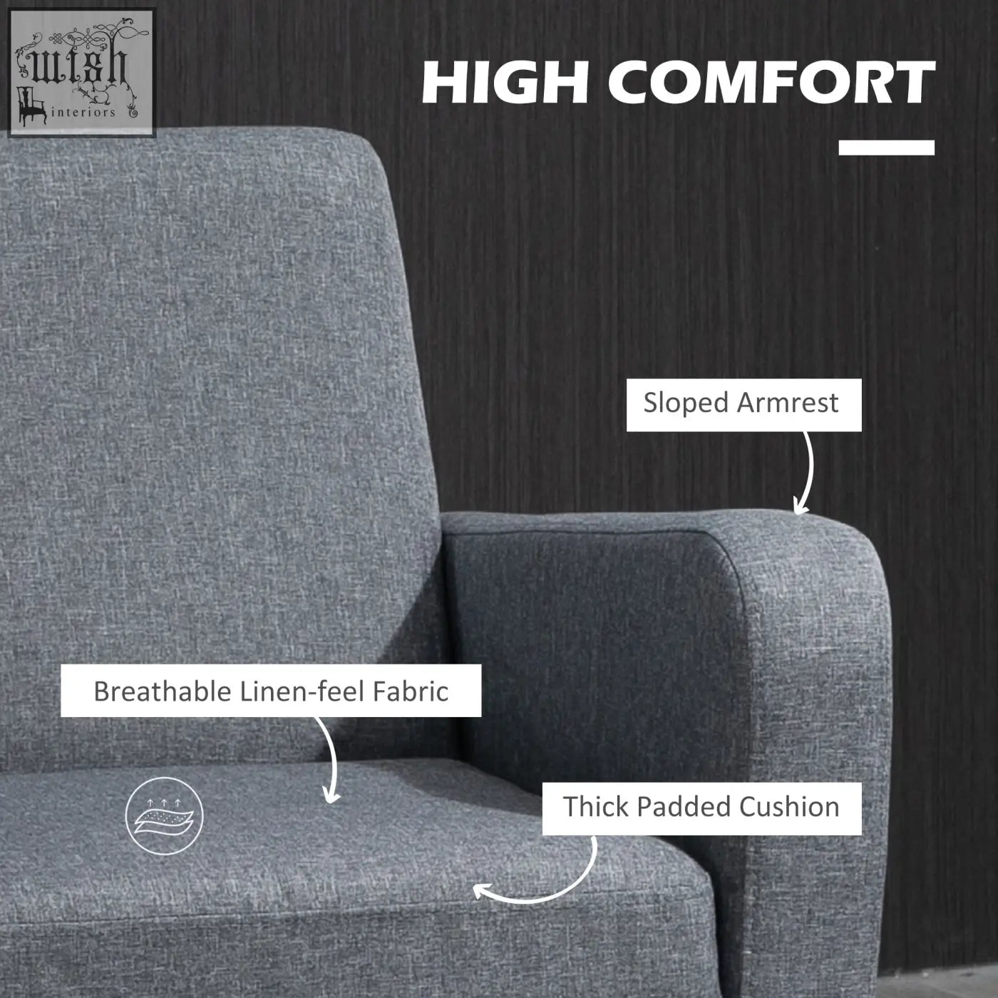 Gray upholstered occasional chair with breathable linen fabric thick cushion and sturdy rubber wood legs for sitting experience